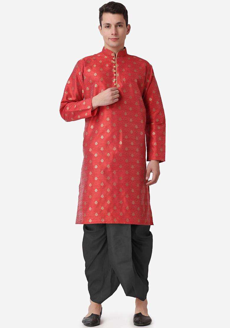 Maroon Woven Design Silk Blend Kurta Set For Men - Indya