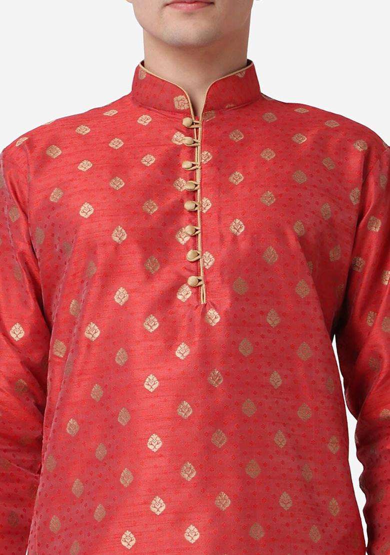 Maroon Woven Design Silk Blend Kurta Set For Men - Indya