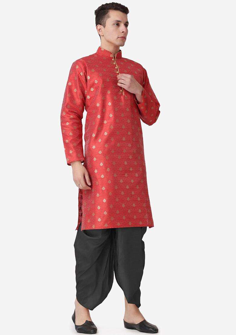 Maroon Woven Design Silk Blend Kurta Set For Men - Indya