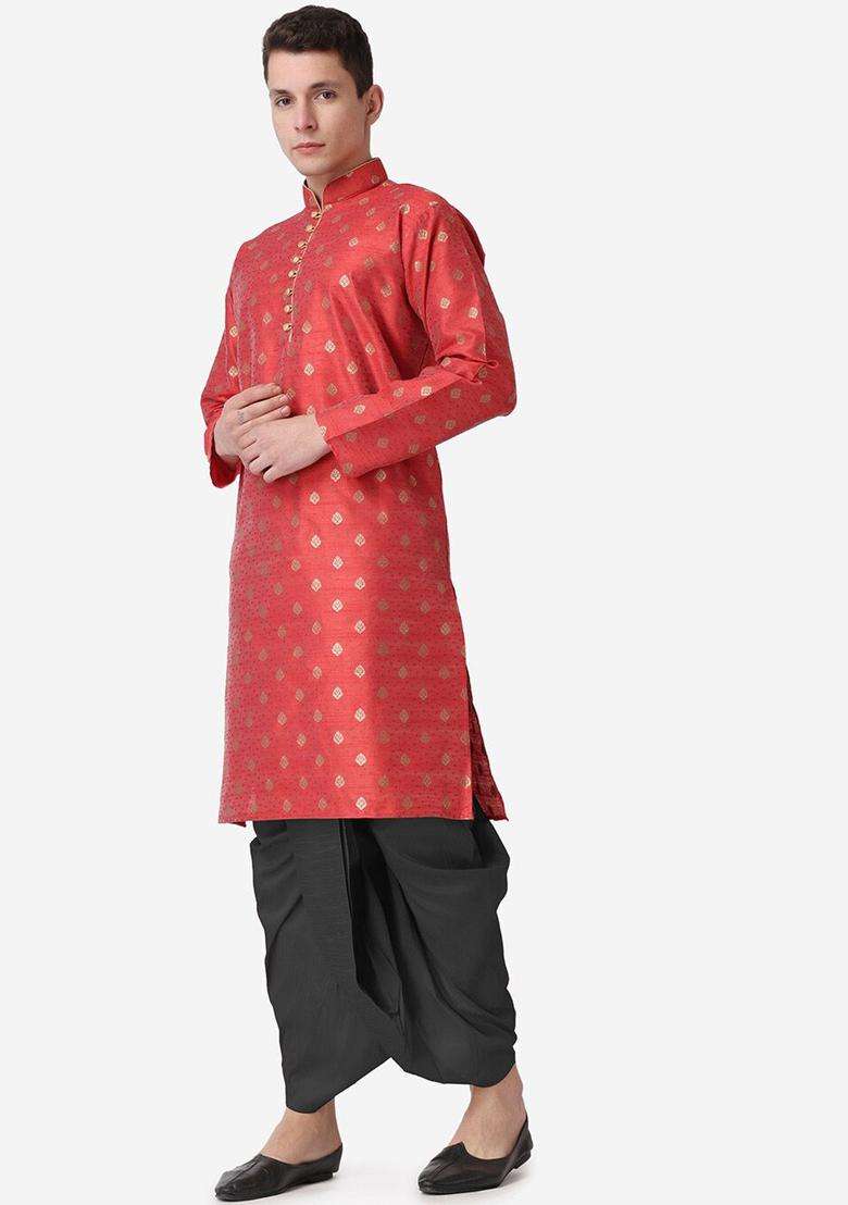 Maroon Woven Design Silk Blend Kurta Set For Men - Indya