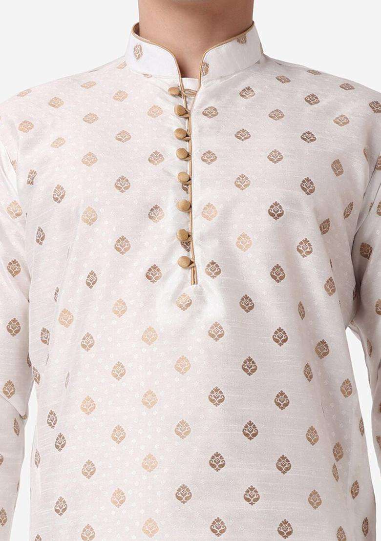 Beige Woven Design Silk Blend Kurta Set For Men - Indya