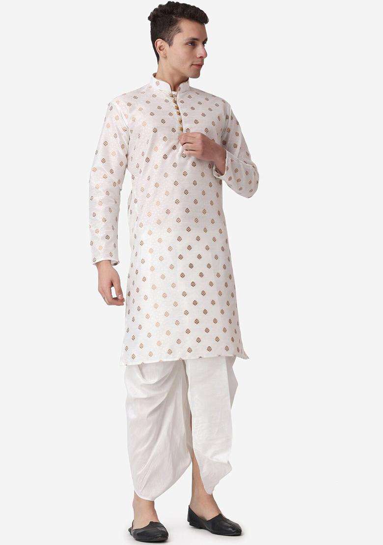 Beige Woven Design Silk Blend Kurta Set For Men - Indya