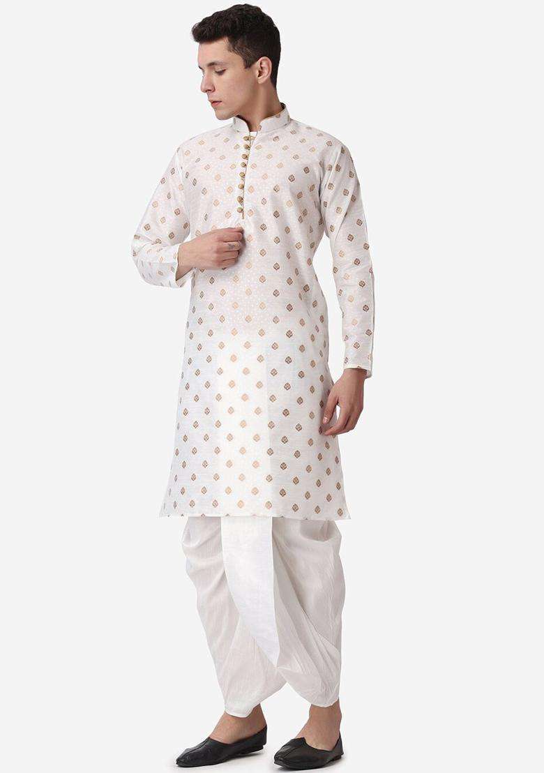 Beige Woven Design Silk Blend Kurta Set For Men - Indya