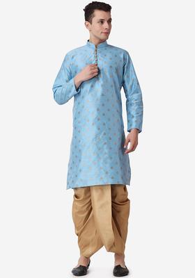 Blue Printed Silk Kurta Set For Men