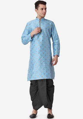 Blue Printed Silk Kurta Set For Men