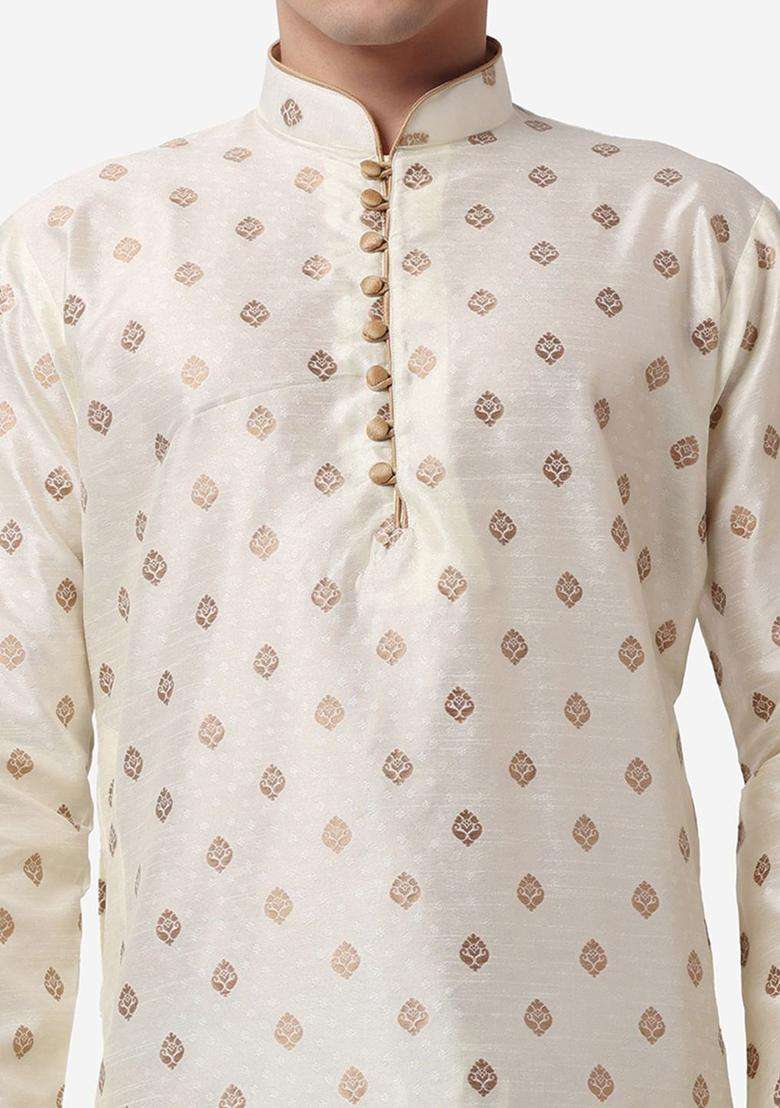 Gold Printed Silk Blend Kurta Set For Men - Indya