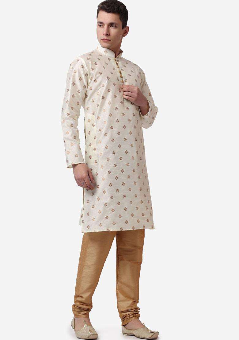 Gold Printed Silk Blend Kurta Set For Men - Indya