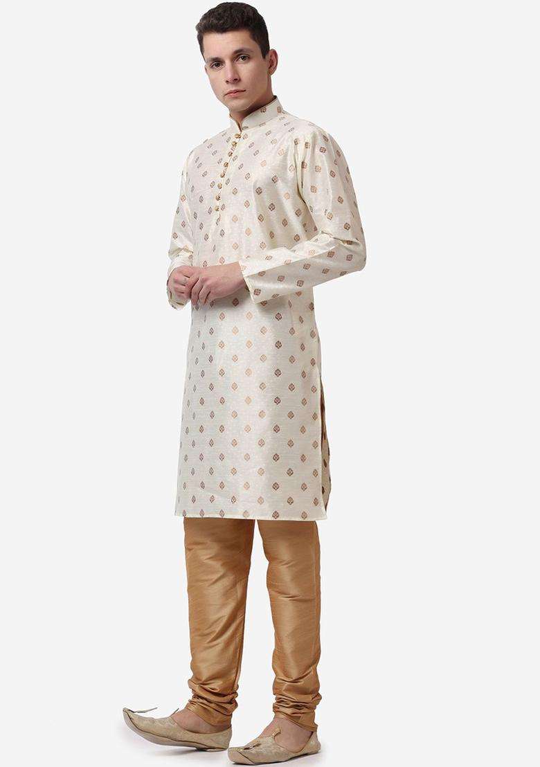 Gold Printed Silk Blend Kurta Set For Men - Indya