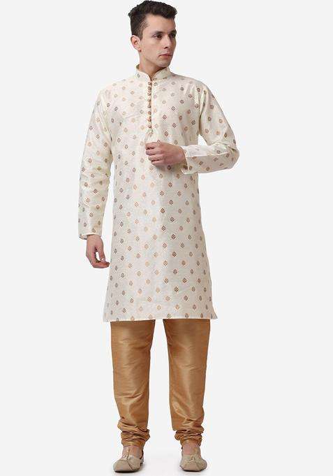 Gold Printed Silk Blend Kurta Set For Men