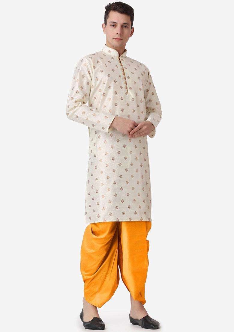 Gold Printed Silk Blend Kurta Set For Men - Indya