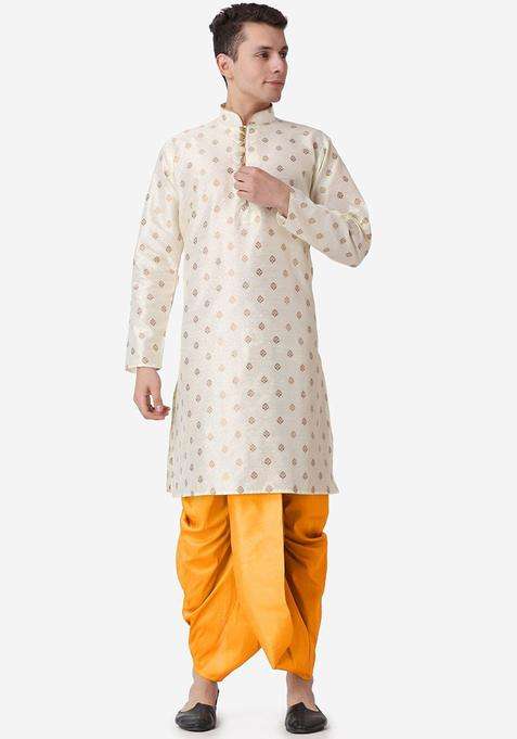 Gold Printed Silk Blend Kurta Set For Men