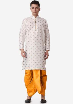Beige Woven Design Silk Kurta Set For Men