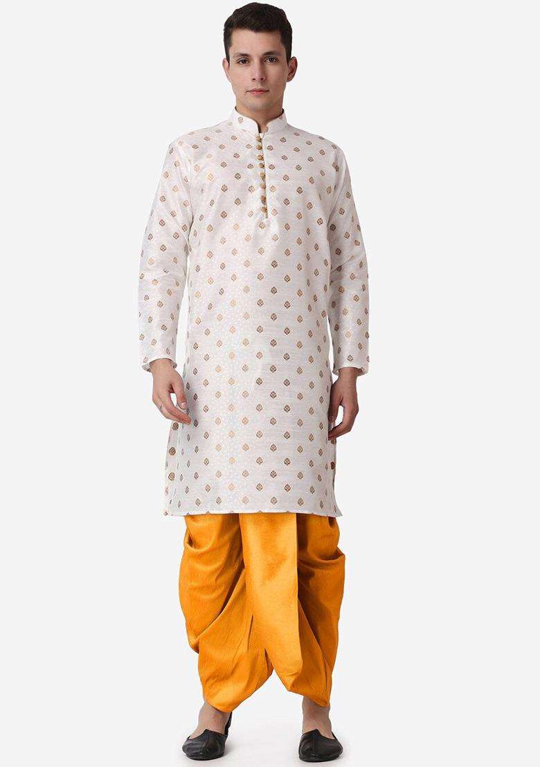 Beige Woven Design Silk Blend Kurta Set For Men - Indya