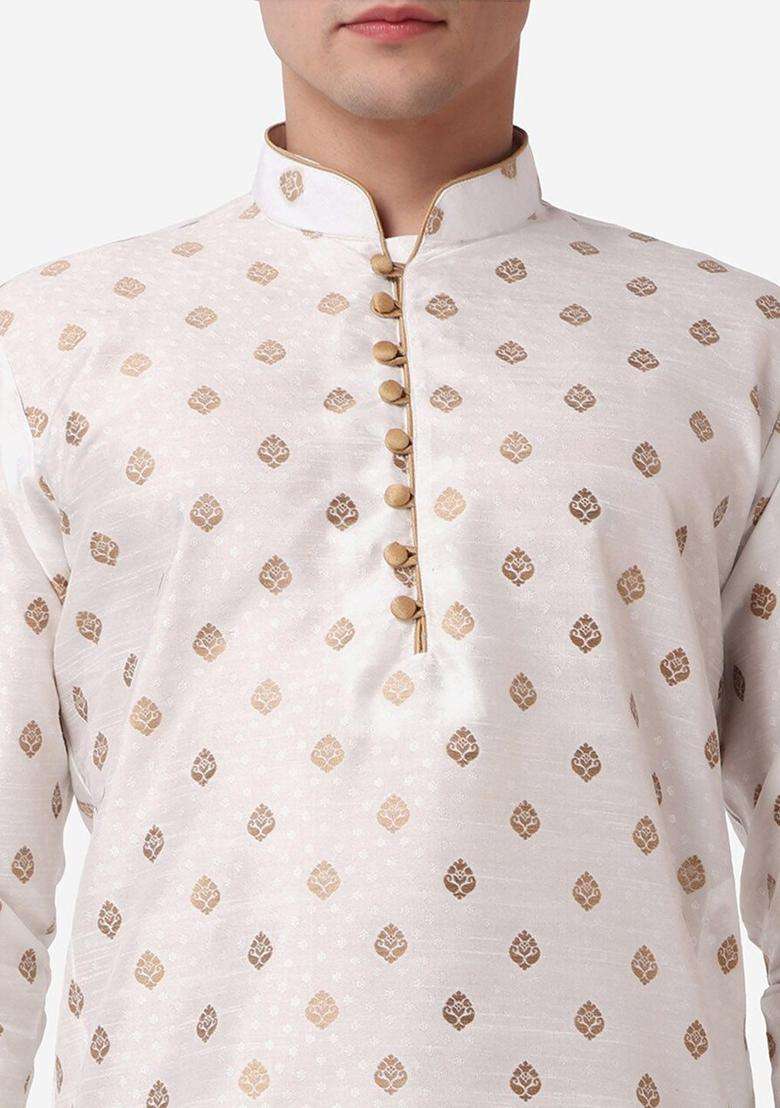 Beige Woven Design Silk Blend Kurta Set For Men - Indya