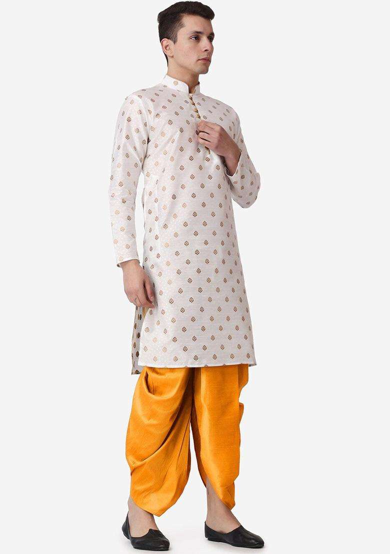 Beige Woven Design Silk Blend Kurta Set For Men - Indya