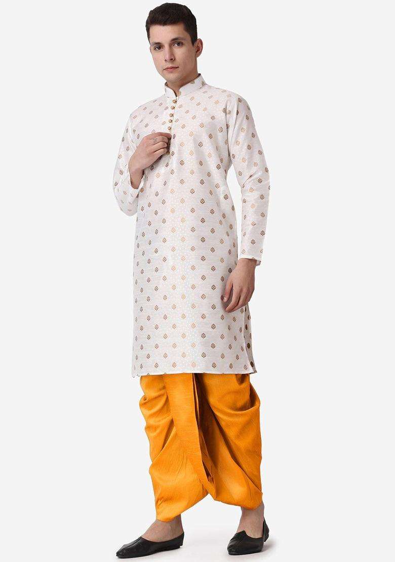 Beige Woven Design Silk Blend Kurta Set For Men - Indya