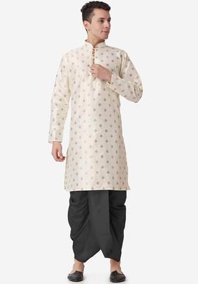 Cream Printed Silk Blend Kurta Set For Men