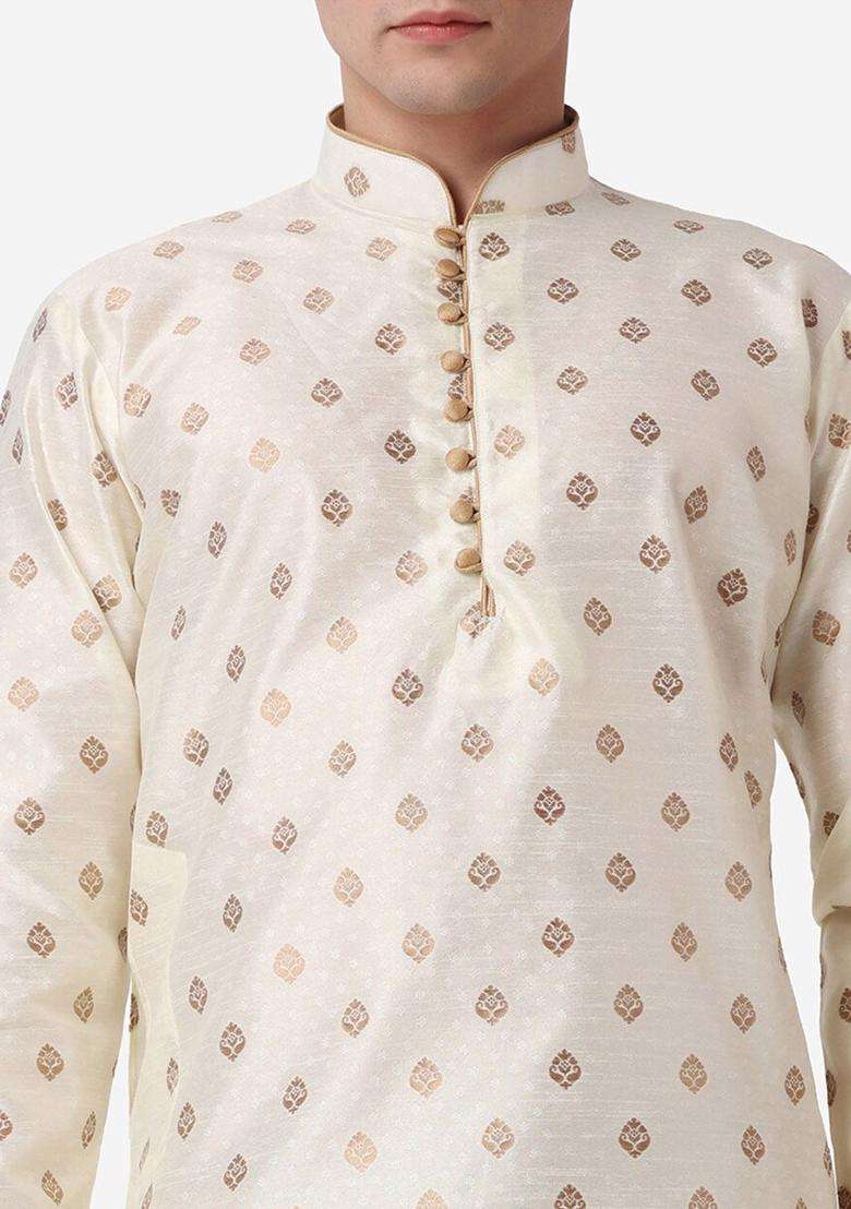 Cream Printed Silk Blend Kurta Set For Men - Indya