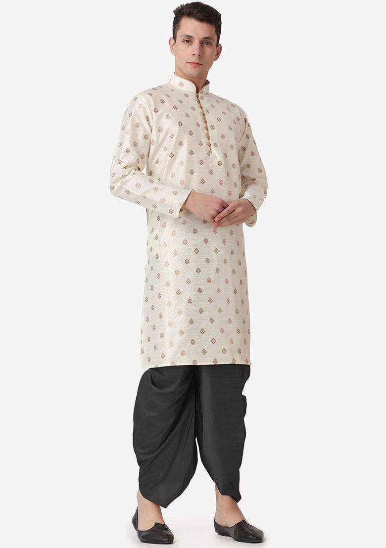 Cream Printed Silk Blend Kurta Set For Men - Indya
