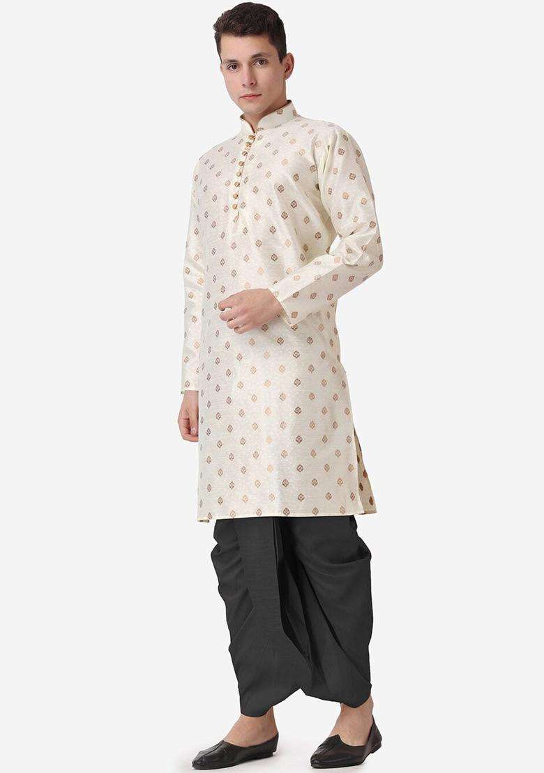 Cream Printed Silk Blend Kurta Set For Men - Indya