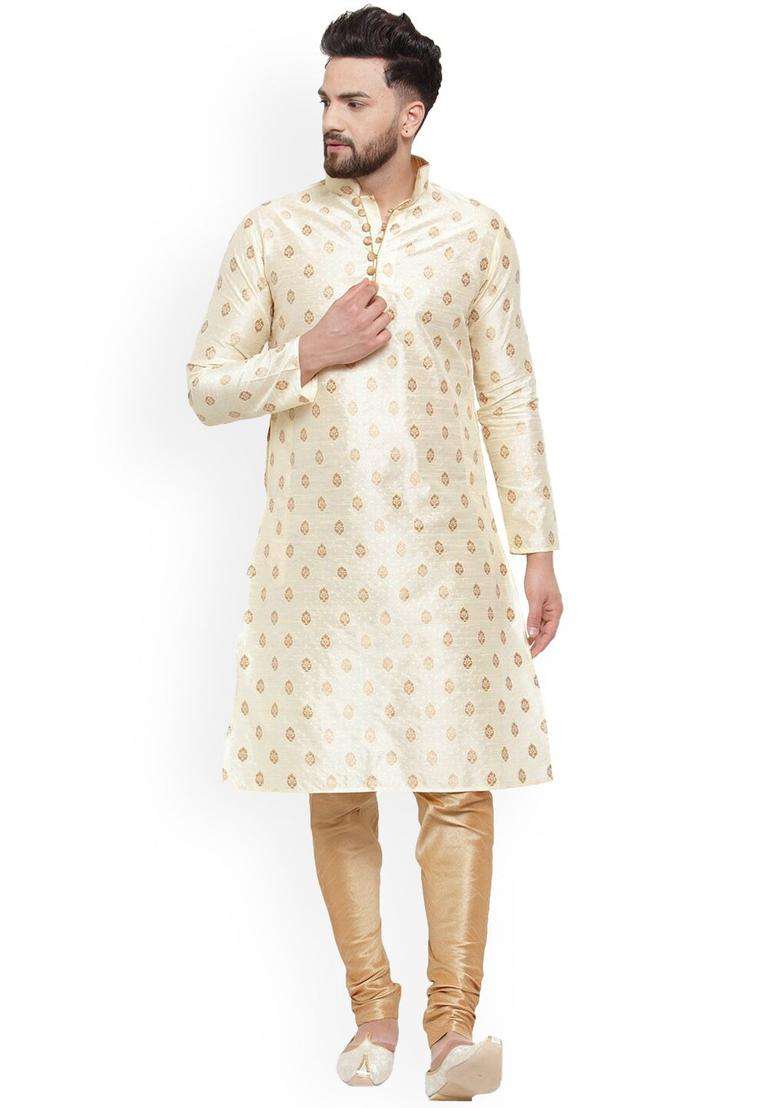 Beige Woven Design Silk Blend Kurta Set For Men - Indya