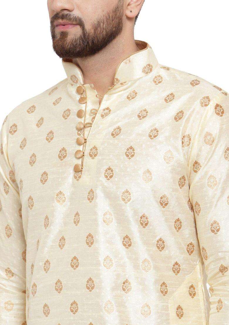 Beige Woven Design Silk Blend Kurta Set For Men - Indya