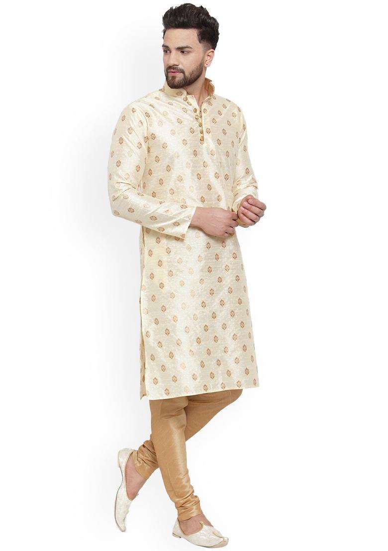 Beige Woven Design Silk Blend Kurta Set For Men - Indya