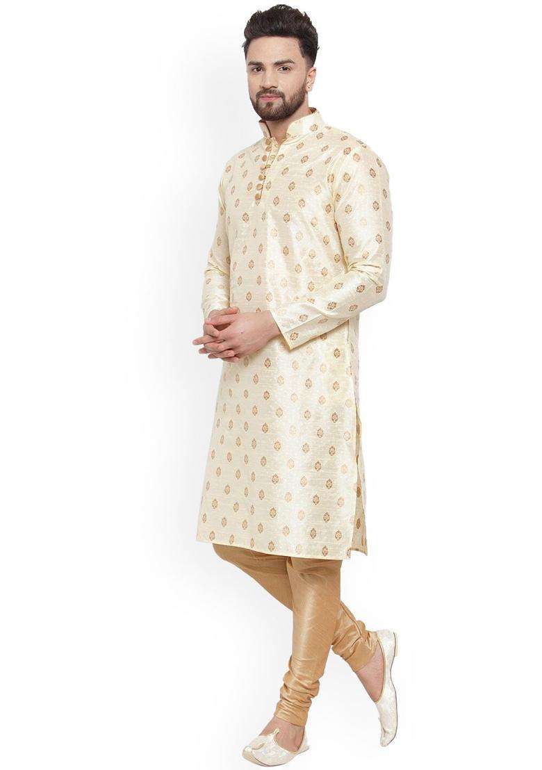 Beige Woven Design Silk Blend Kurta Set For Men - Indya