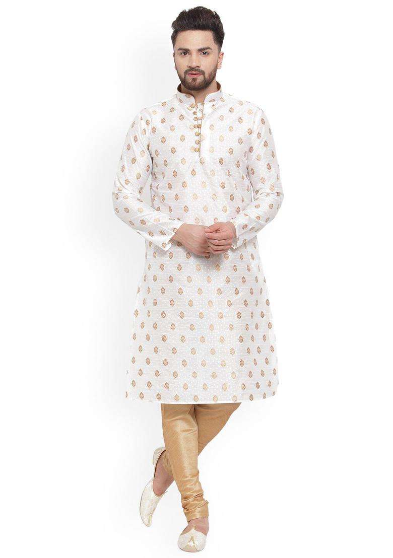 White Woven Design Silk Blend Kurta Set For Men - Indya