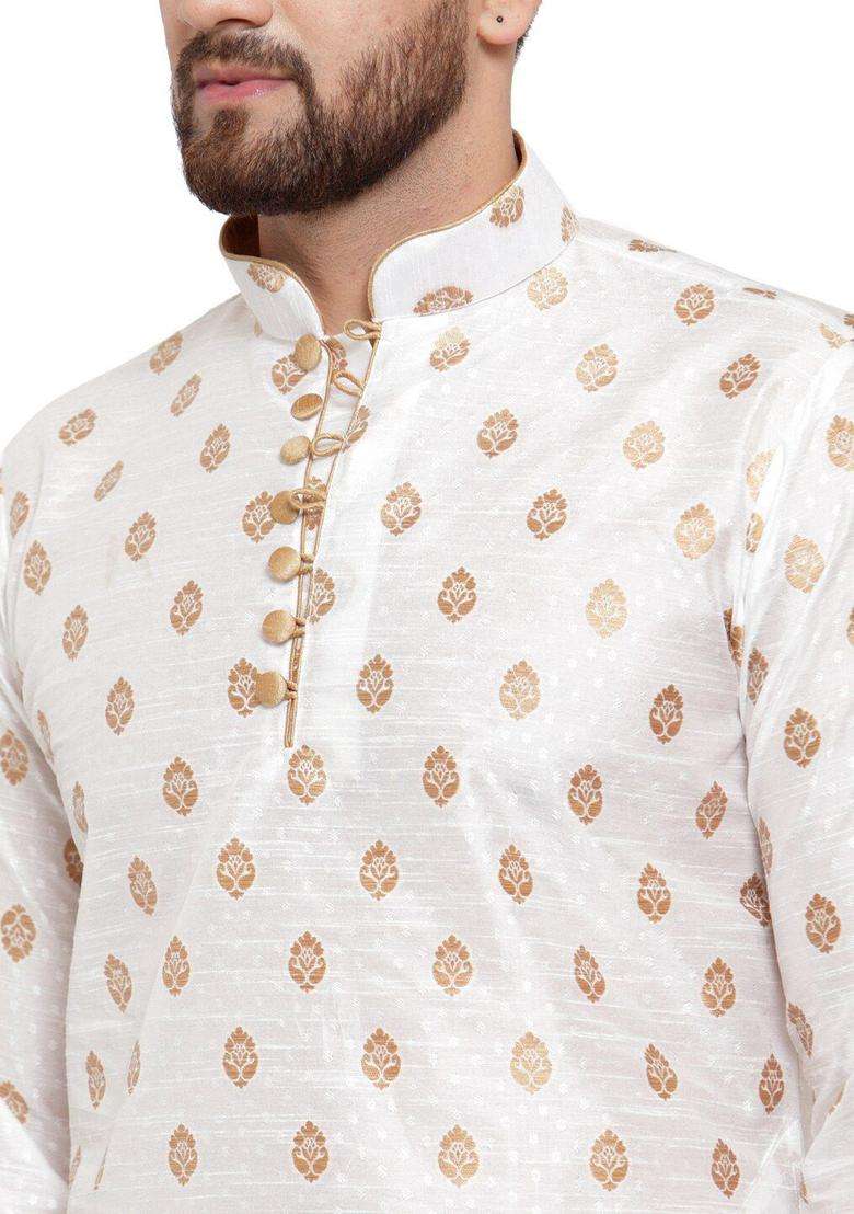 White Woven Design Silk Blend Kurta Set For Men - Indya
