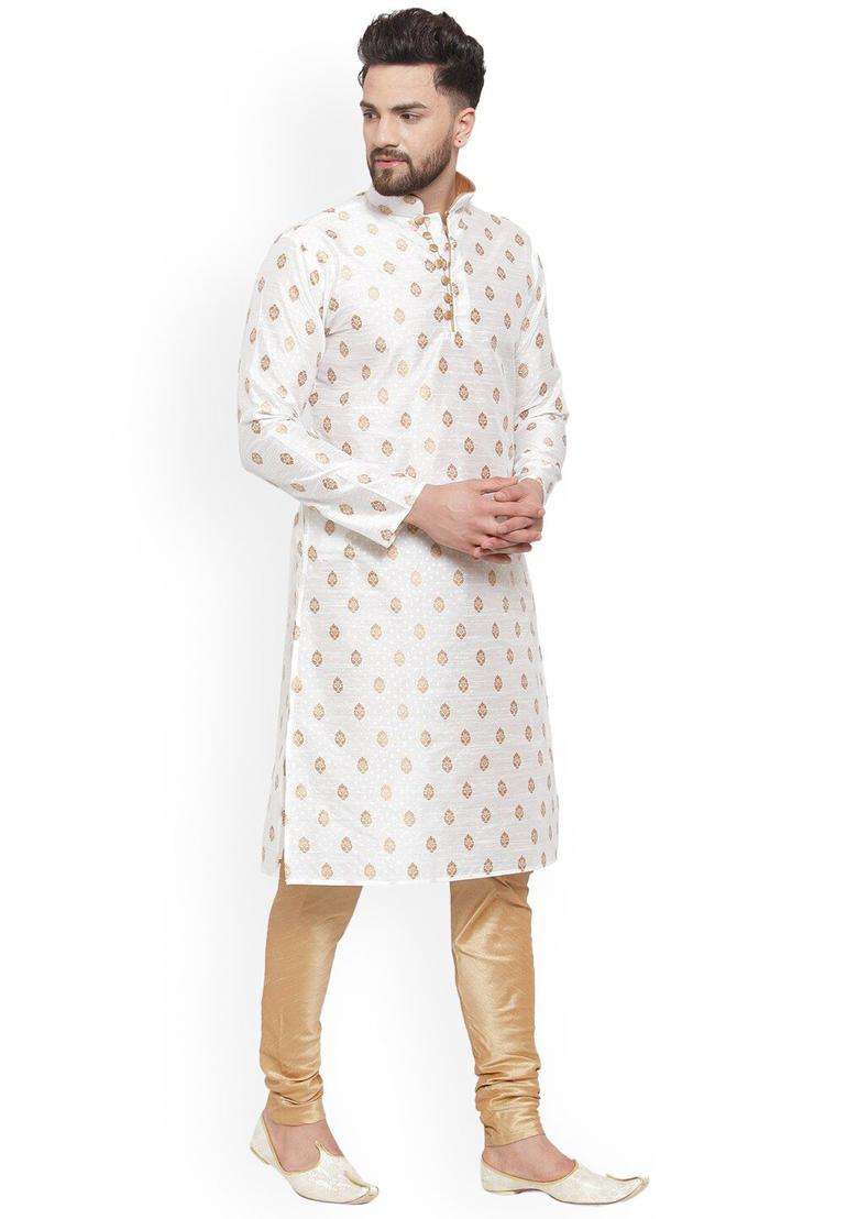 White Woven Design Silk Blend Kurta Set For Men - Indya