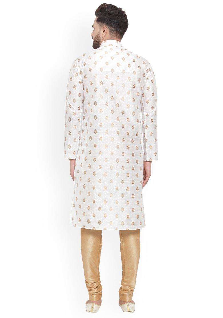 White Woven Design Silk Blend Kurta Set For Men - Indya