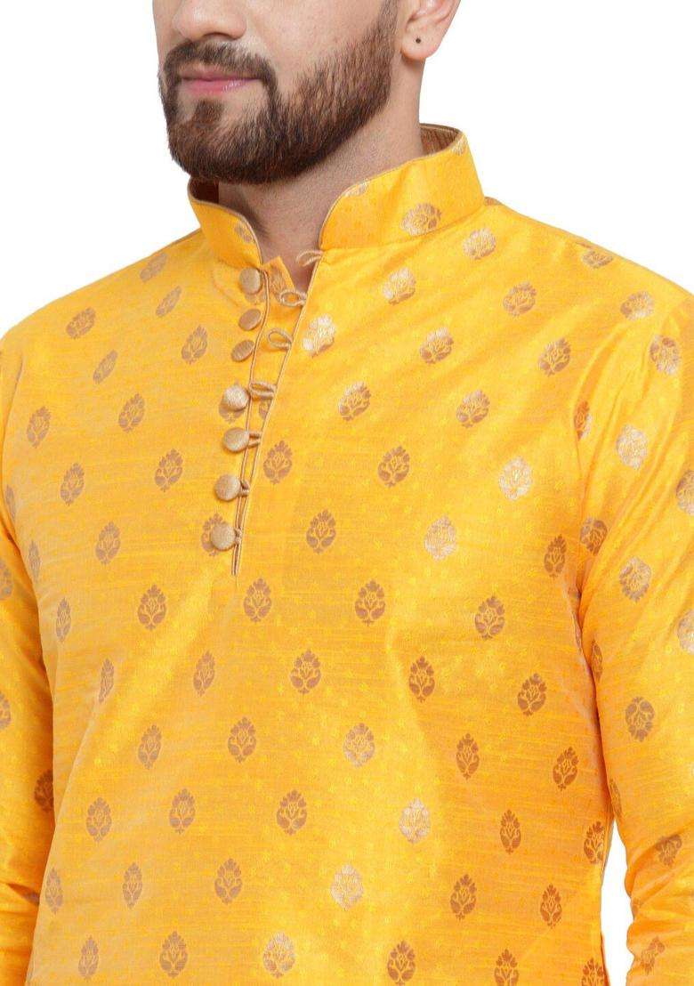 Yellow Woven Design Silk Blend Kurta Set For Men - Indya