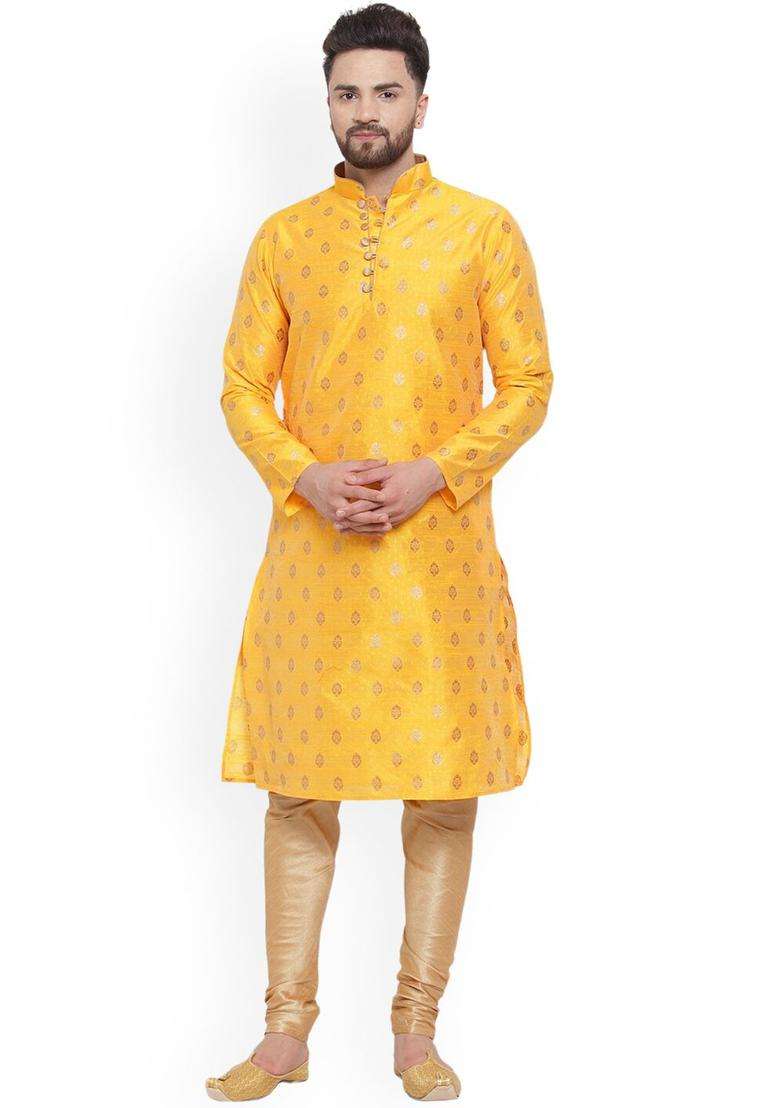 Yellow Woven Design Silk Blend Kurta Set For Men - Indya