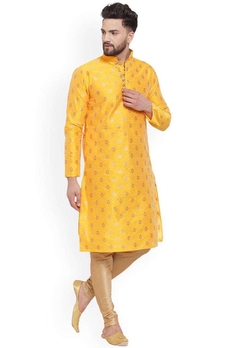 Yellow Woven Design Silk Blend Kurta Set For Men - Indya