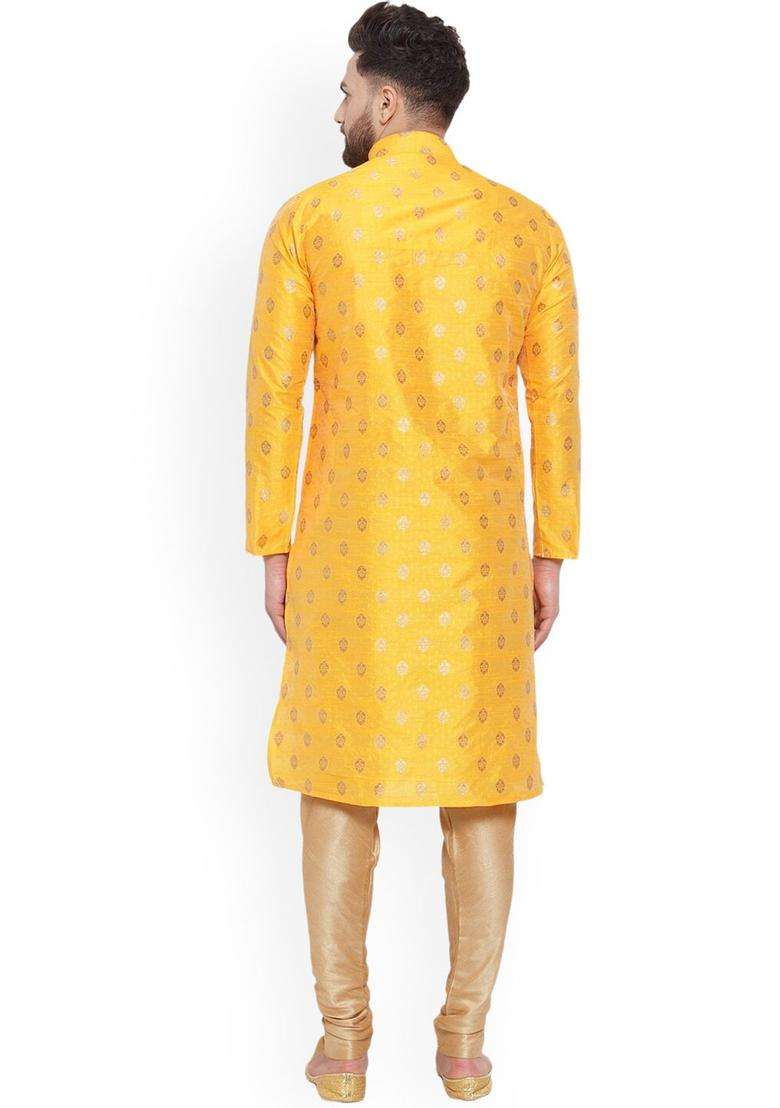 Yellow Woven Design Silk Blend Kurta Set For Men - Indya