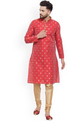 Maroon Woven Design Silk Kurta Set For Men