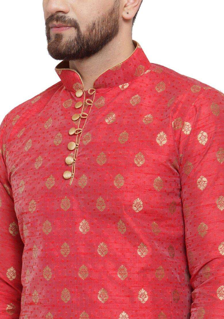 Maroon Woven Design Silk Blend Kurta Set For Men - Indya
