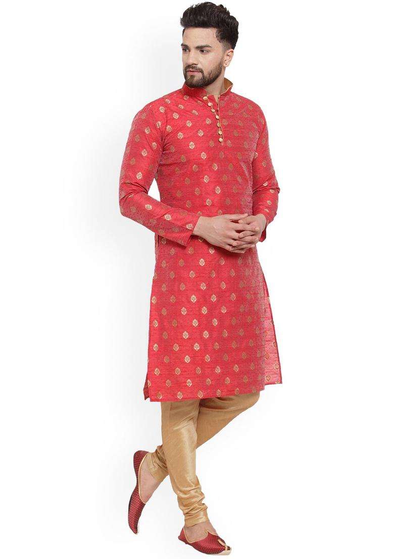 Maroon Woven Design Silk Blend Kurta Set For Men - Indya