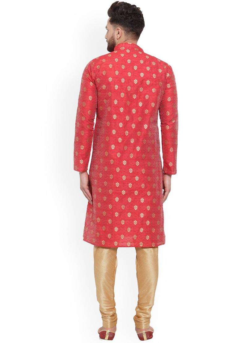 Maroon Woven Design Silk Blend Kurta Set For Men - Indya