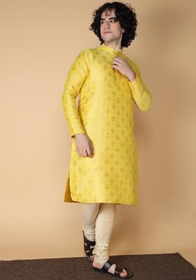 Yellow Embroidered Silk Kurta Set For Men