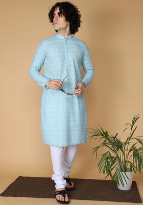 Blue Embroidered Cotton Kurta Set For Men