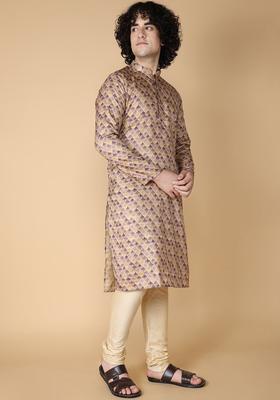 Brown Printed Silk Kurta Set For Men