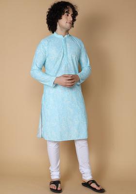 Blue Embroidered Cotton Kurta Set For Men