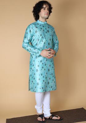 Blue Printed Silk Kurta Set For Men