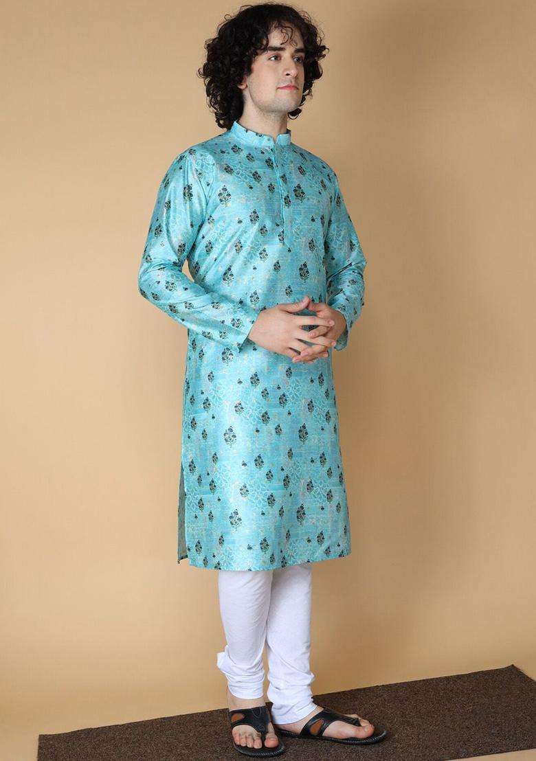Blue Printed Silk Blend Kurta Set For Men - Indya