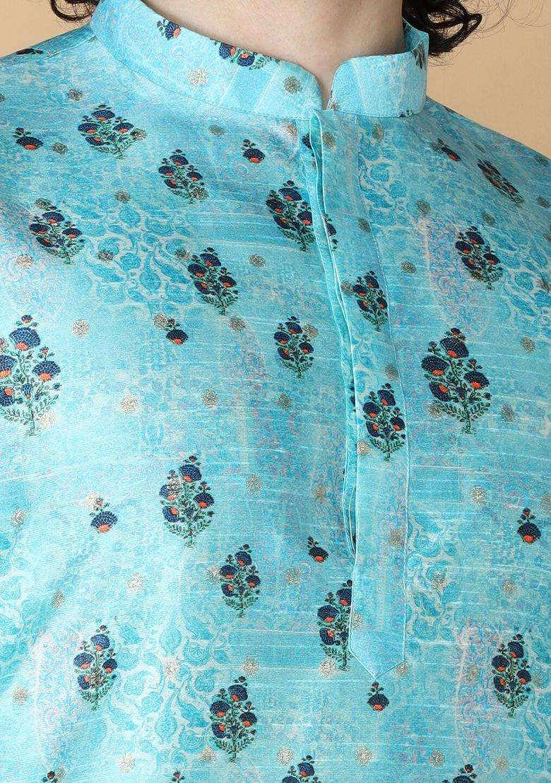Blue Printed Silk Blend Kurta Set For Men - Indya