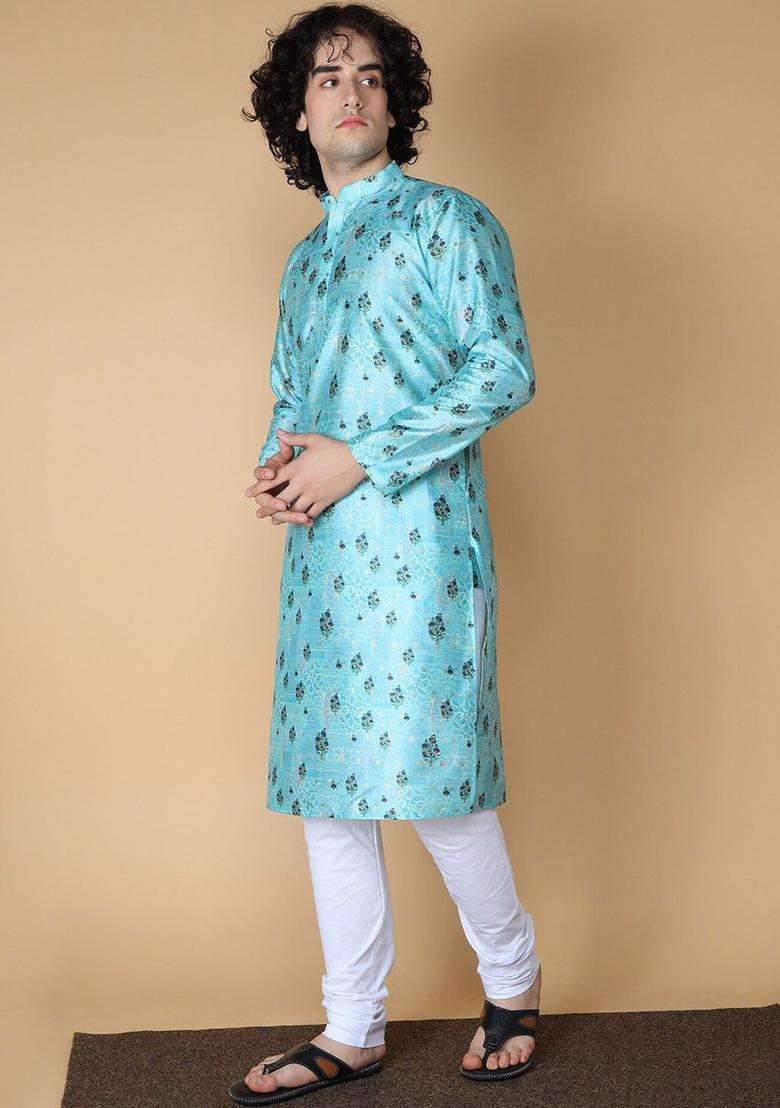 Blue Printed Silk Blend Kurta Set For Men - Indya