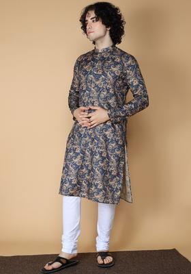 Navy Blue Printed Silk Kurta Set For Men