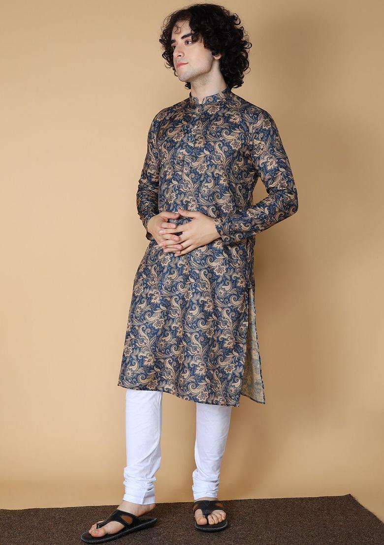 Navy Blue Printed Silk Blend Kurta Set For Men - Indya
